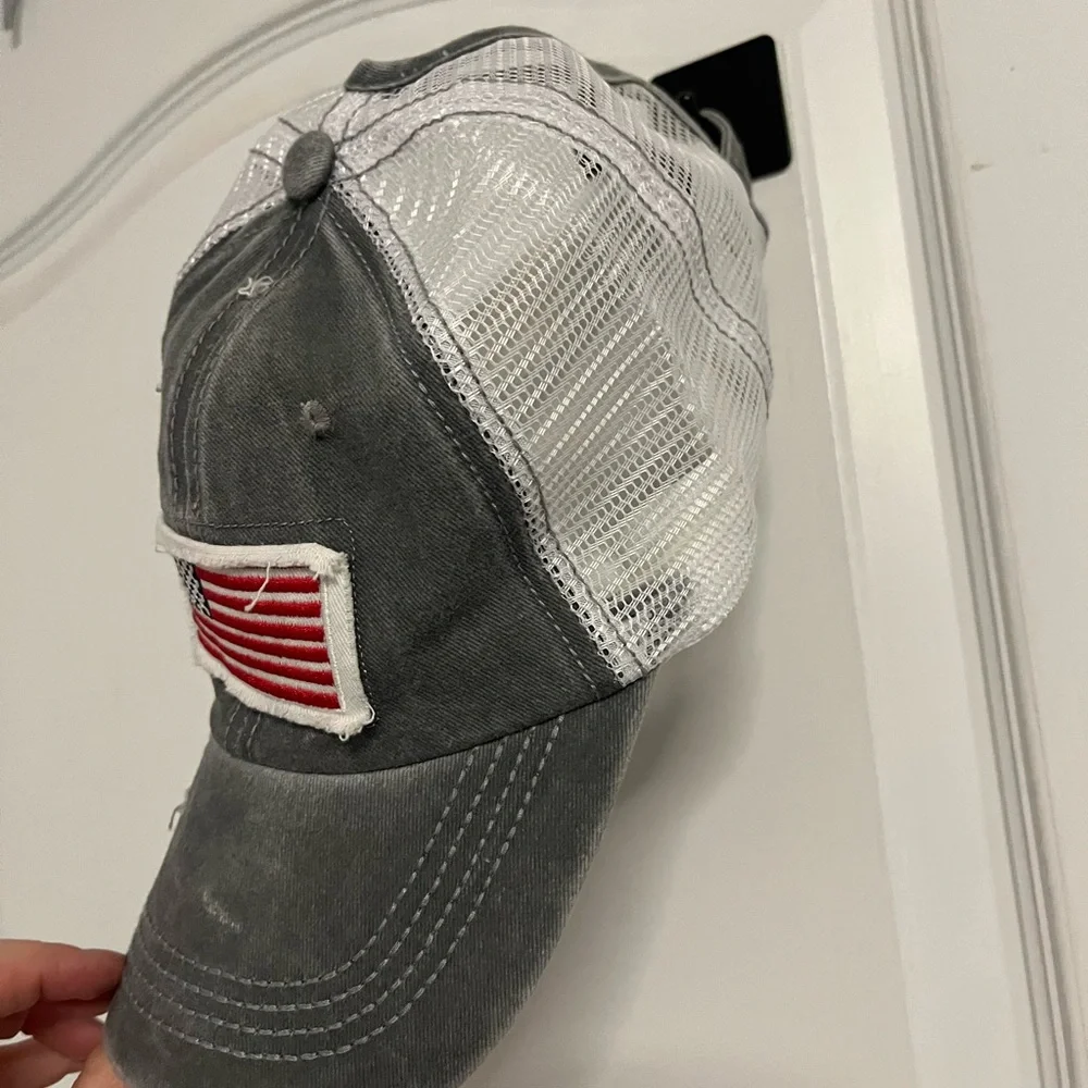 New without tags Ballcap Gray Distressed American Flag Patch with bun hole - Picture 3 of 12